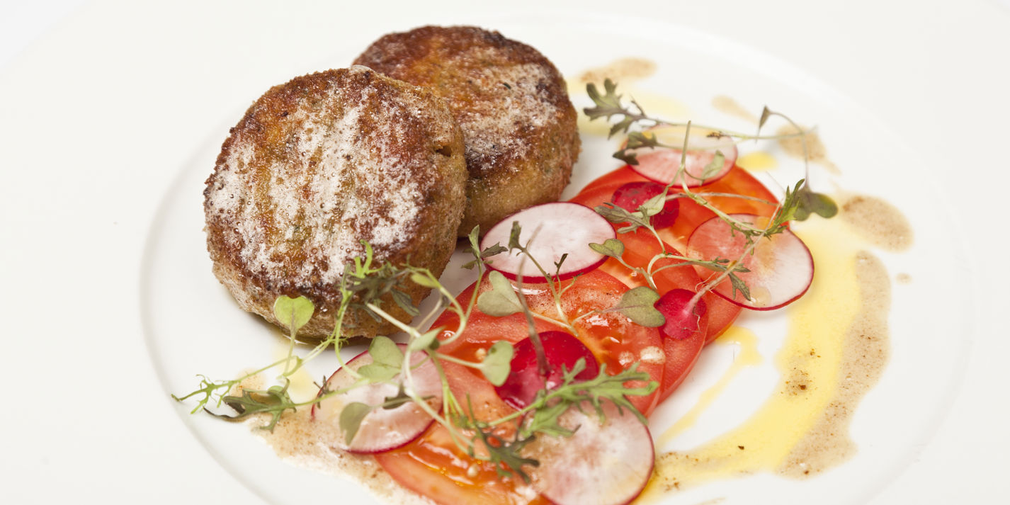 Risotto Cakes With Shrimp & Tomato Radish Salad - Great British Chefs