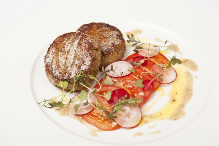 Crisp shrimp risotto cakes with tomato and radish salad