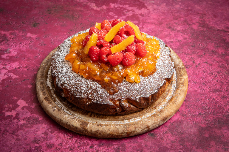 Polenta olive oil cake with orange and Campari jam