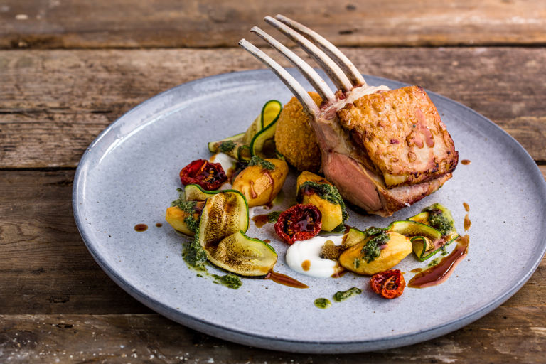 Lamb rack with sheeps yoghurt, pickled courgette and mint salsa verde