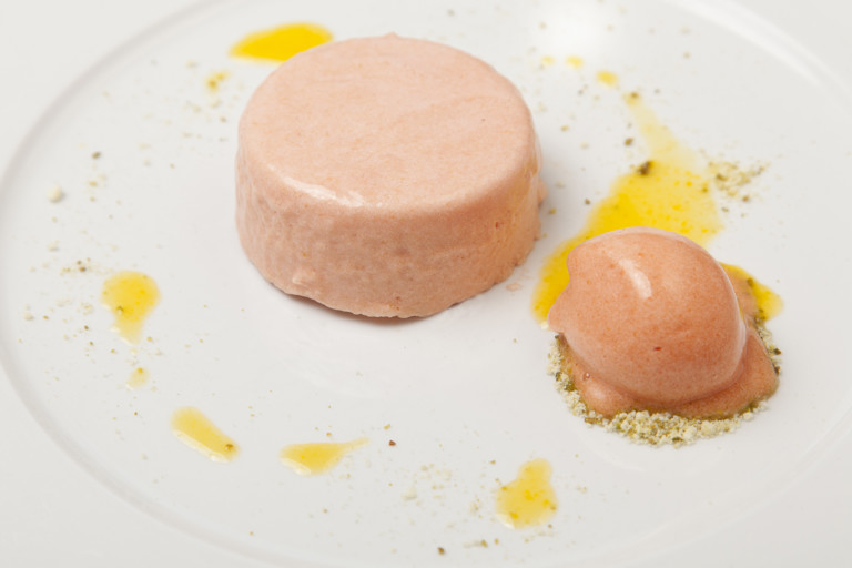 Blood orange mousse with blood orange sorbet 
