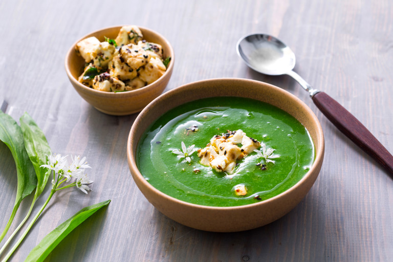 Wild garlic, potato & black onion seed soup with marinated feta