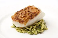 Macadamia-crusted Alaska black cod fillet with orzo and salsa verde