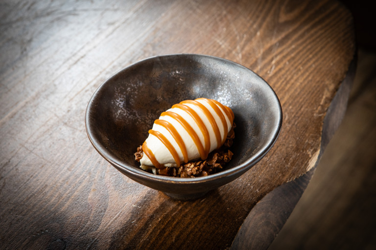 Jerusalem artichoke and chocolate brownie, hazelnut ice cream, caramel and blackcurrant
