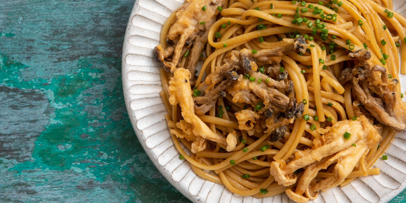 Soy Sauce Butter Linguine with Crispy Shimeji Recipe - Great British Chefs