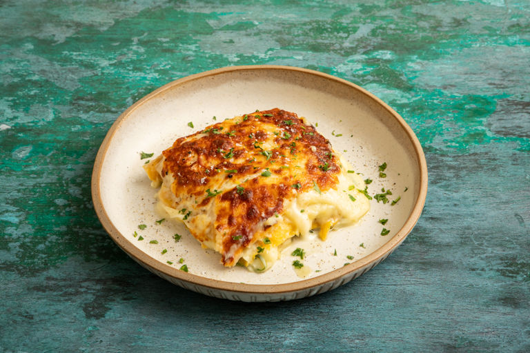 Aligot, spinach and Roquefort lasagne