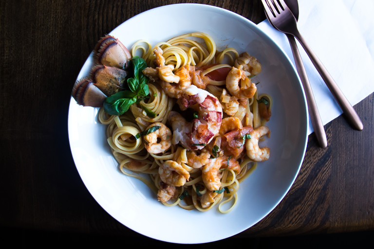 Lobster linguine with prawns