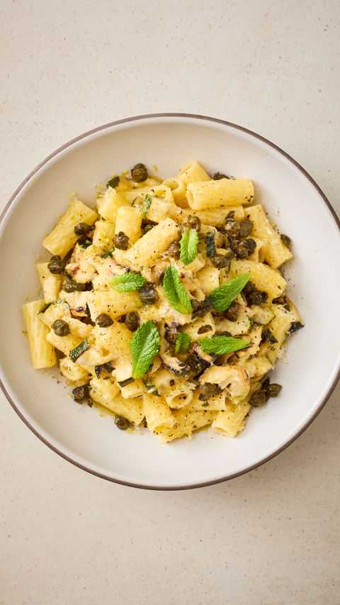 Charred courgette rigatoni in a lemon and mint butter sauce recipe reel