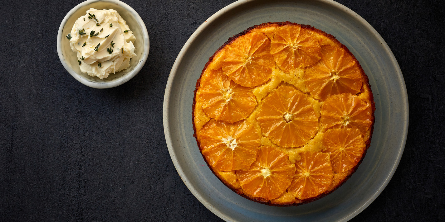 image of Orange, Polenta and Olive Oil Cake With Whipped Mascarpone and Thyme recipe by Great British Chefs