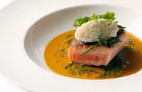 Cider-cured sea trout with a crab sauce and sea vegetables