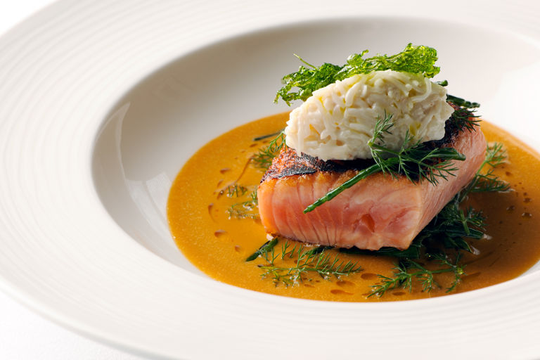 Cider-cured sea trout with a crab sauce and sea vegetables