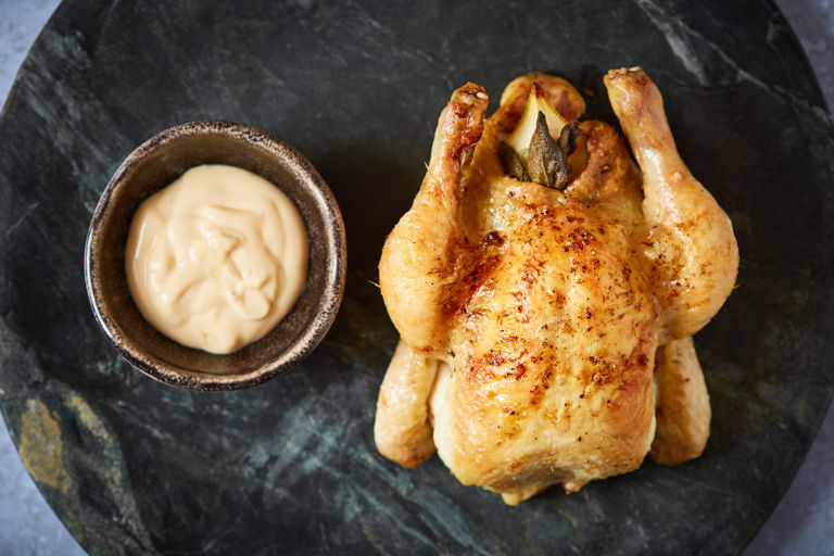 Roast poussin with chicken fat mayonnaise