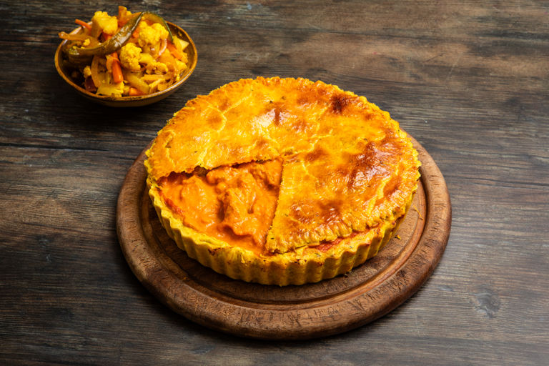 Chicken tikka masala pie with achar