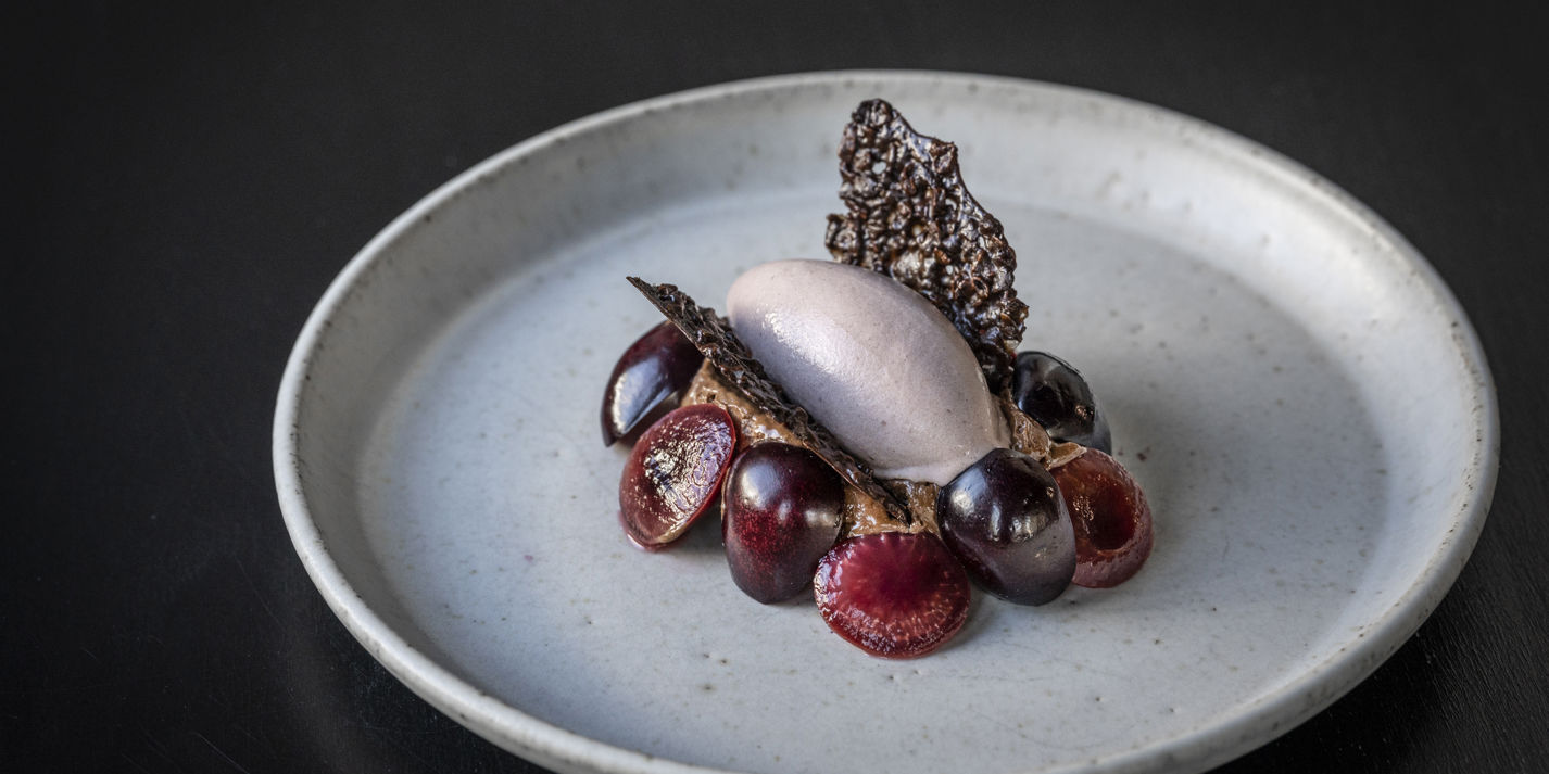 Chocolate Cream Cheese with Poached Cherries, Cherry Ice Cream and Cacao Nib Tuile Recipe - Great Br