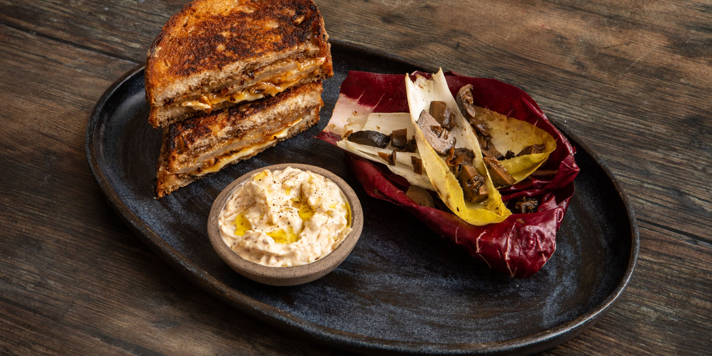 Buttered Pear, Brie and Manchego Toastie with Onion Crème Fraîche Recipe - Great British Chefs