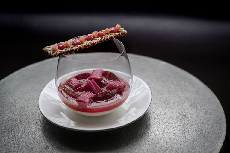 Poached Yorkshire rhubarb with vanilla crème fraîche, blood orange, white chocolate and almond