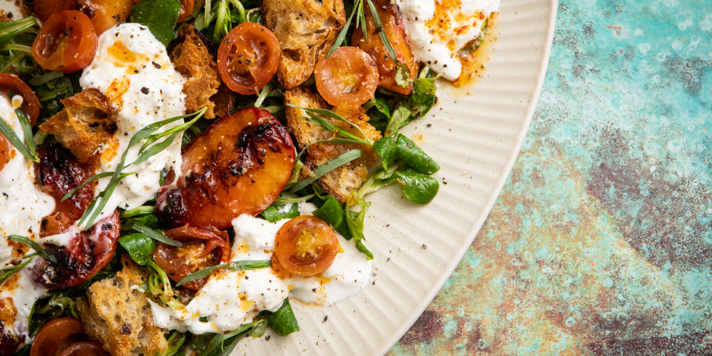 Confit Tomato, Grilled Peach and Stracciatella Salad Recipe - Great British Chefs