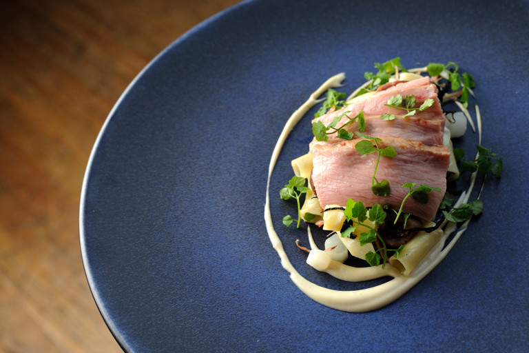 Slow cooked fillet of veal, pine nut purée, white asparagus and Parmesan macaroni