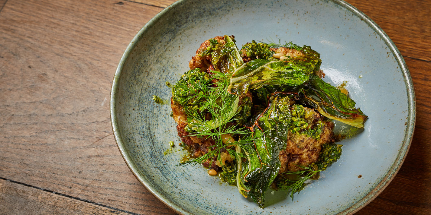 Roast Cauliflower with Pine Nuts, Raisins and Pistachio Pesto Recipe - Great British Chefs