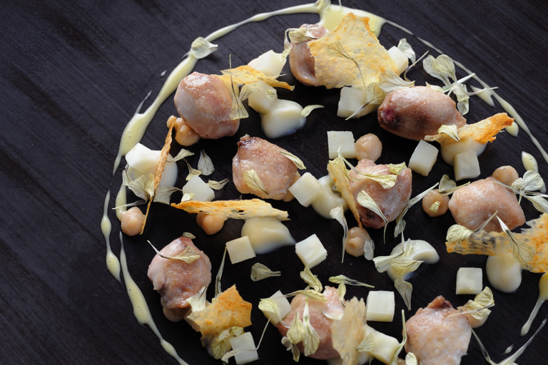 Roasted chicken oyster, smoked cod roe, hay baked celeriac and egg yolks