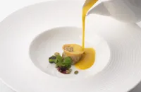 Duck confit tortellini with butternut squash velouté and soya jelly