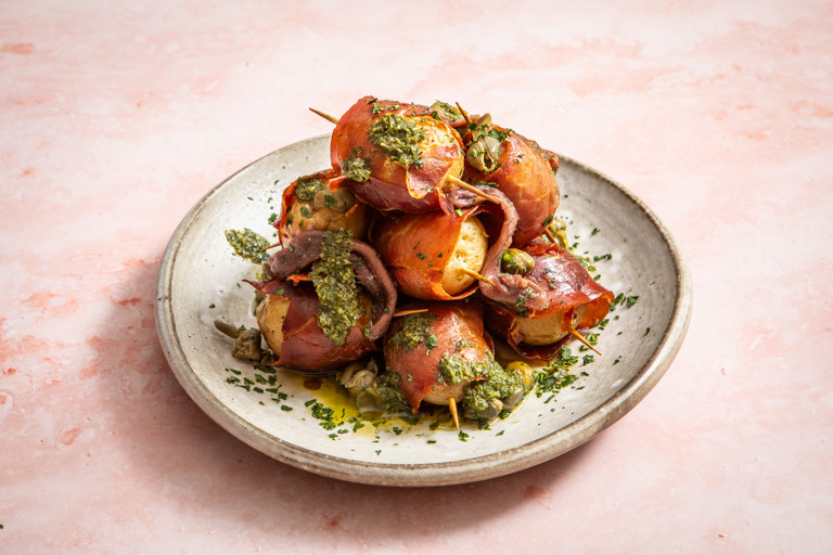 Baby potatoes, Serrano ham and salsa verde