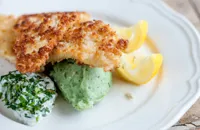 Crumbed plaice with green mash