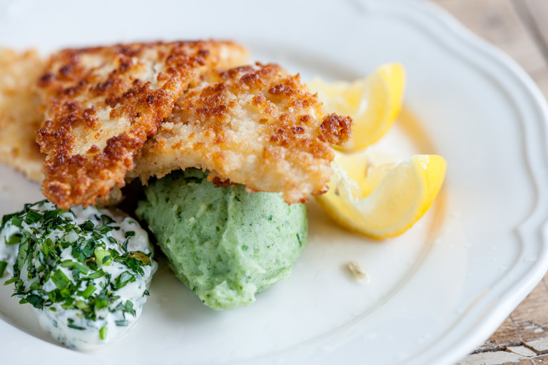 Crumbed plaice with green mash