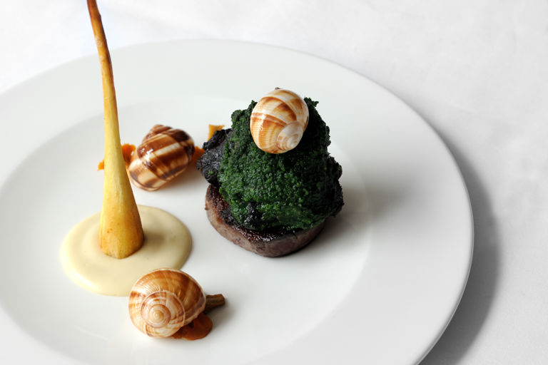 Beef cheek and fillet, Dorset snails and parsnip
