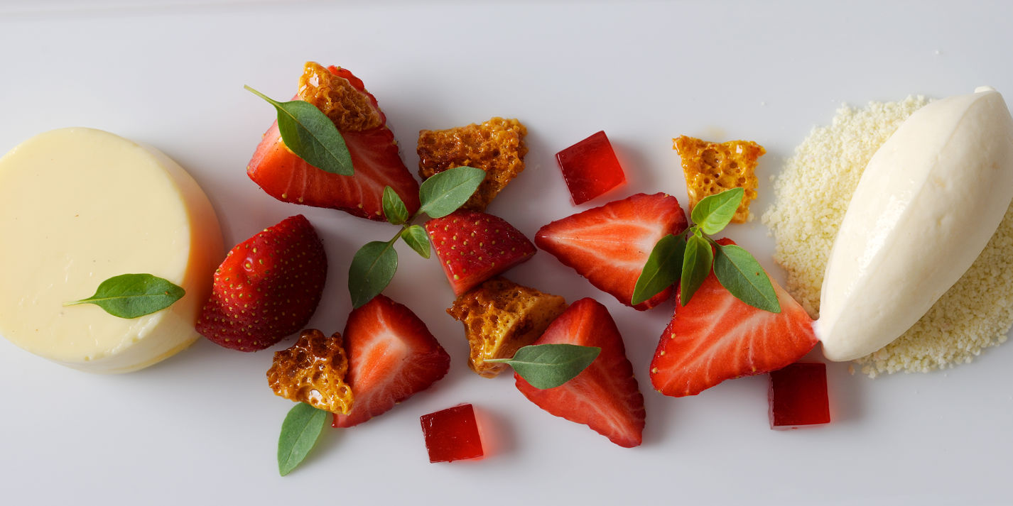 White chocolate panna cotta with honeycomb