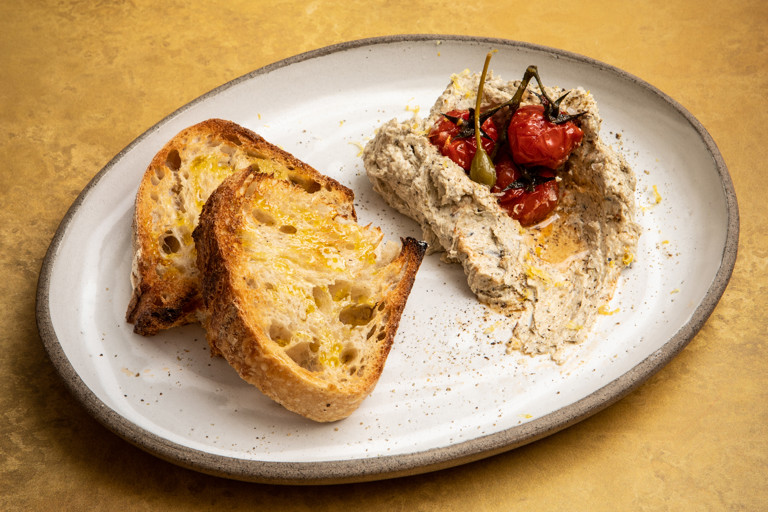 Charred aubergine and garlic whipped butter with grilled tomatoes