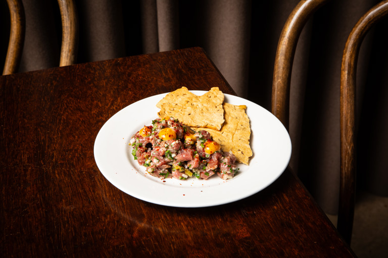 Beef tartare with oyster sauce mayo and cracker