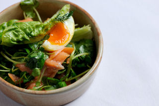 Poached salmon with watercress