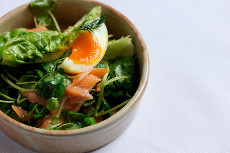 Poached salmon with watercress