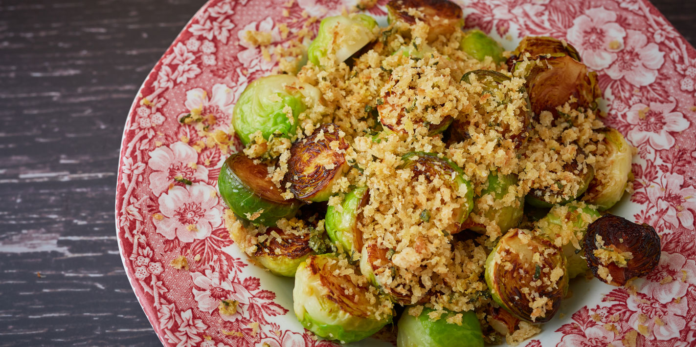 Fried Brussel sprouts with lemon, sage and parmesan crumb