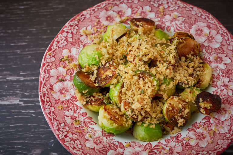 Fried Brussel sprouts with lemon, sage and parmesan crumb