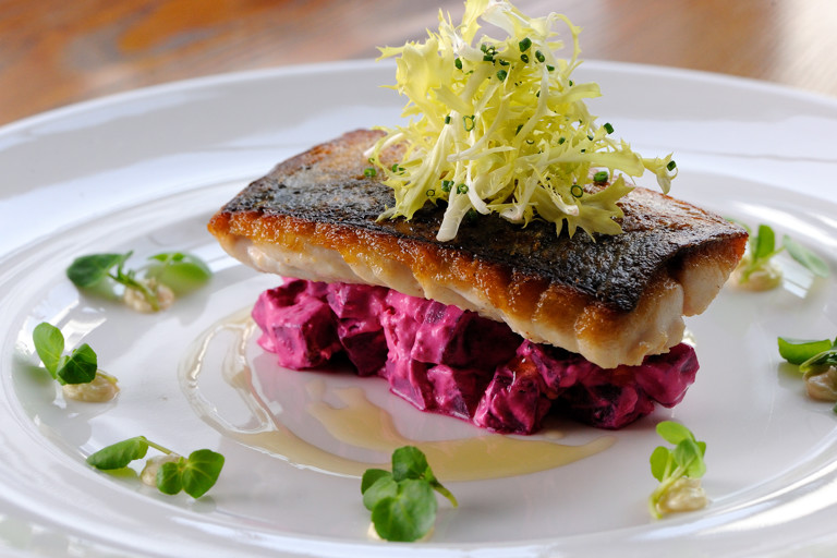 Seared mackerel with beetroot, horseradish and watercress