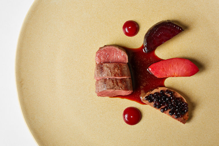Venison loin with glazed neck, beetroot, quince and pickled elderberry