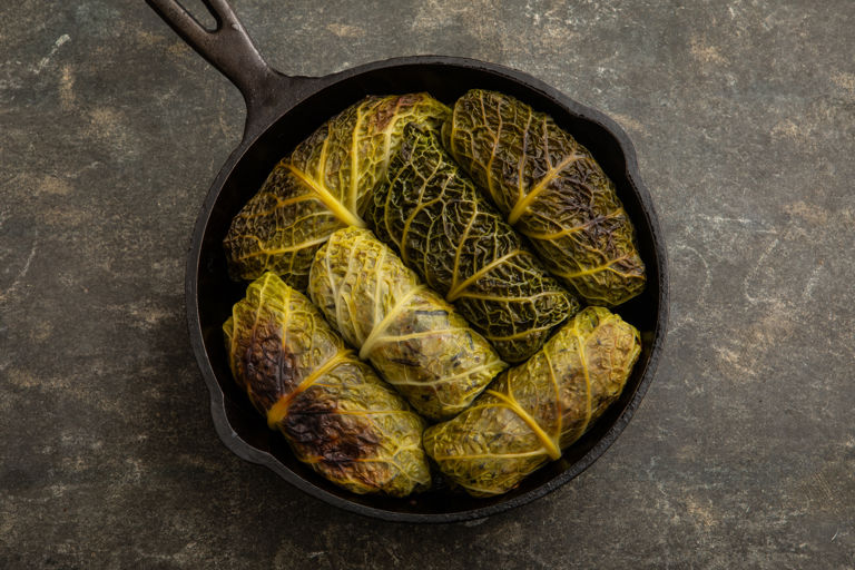 Chestnut-stuffed wild rice cabbage rolls