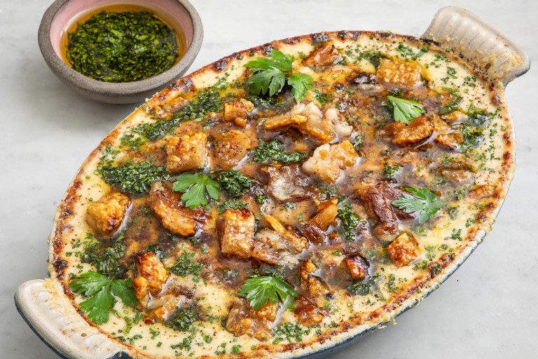 The ultimate scalloped potato bake with miso béchamel and gochujang-honey crackling