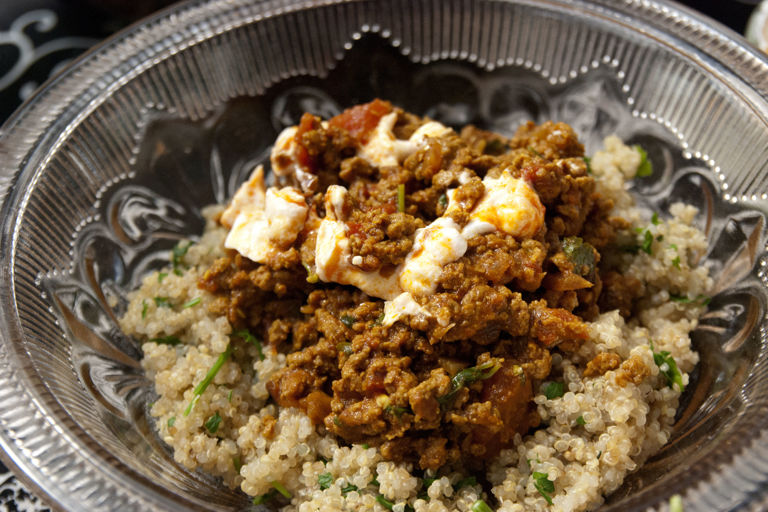 Moroccan-spiced mince with herb bulgur wheat and harissa yoghurt