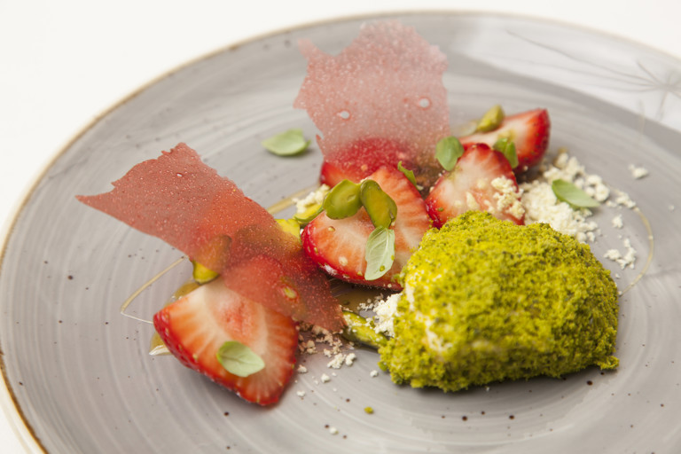Macerated strawberries, yoghurt parfait, pistachio, basil
