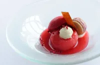 Peach melba with vanilla mousse, raspberry macaroon and raspberry sorbet 