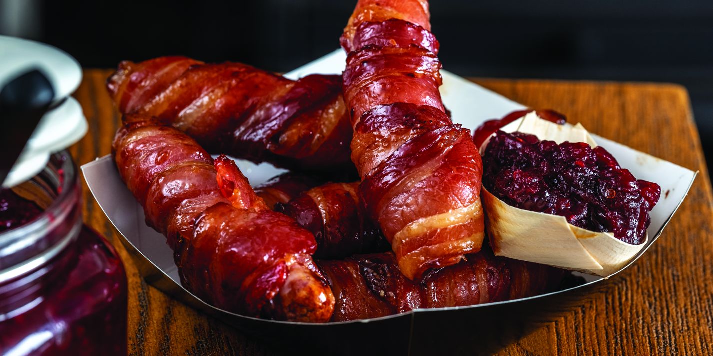 Sausages in Candied Bacon with Mulled Cranberry Ketchup Recipe Great