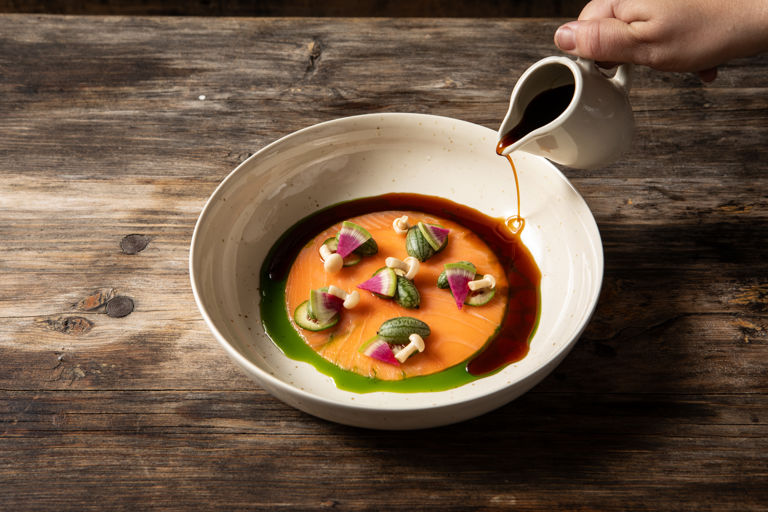 Chalk stream trout carpaccio with calamansi sauce