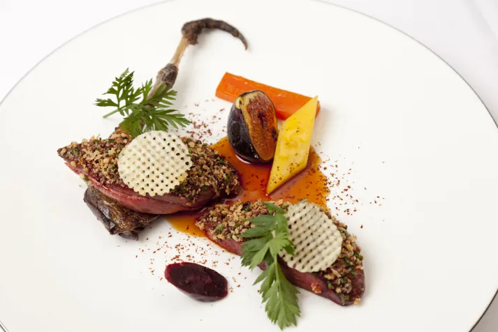 Grouse with glazed figs, heritage carrots and Chocolate Porter sauce 