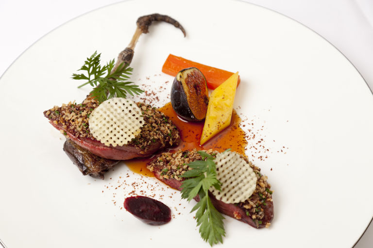 Grouse with glazed figs, heritage carrots and Chocolate Porter sauce 