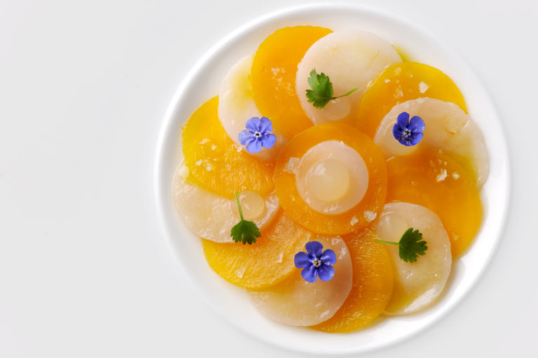 Scallop ceviche with pickled golden beetroot and apple and sorrel gel