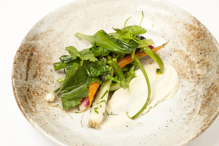 Summer vegetables with smoked cheese and herbs 