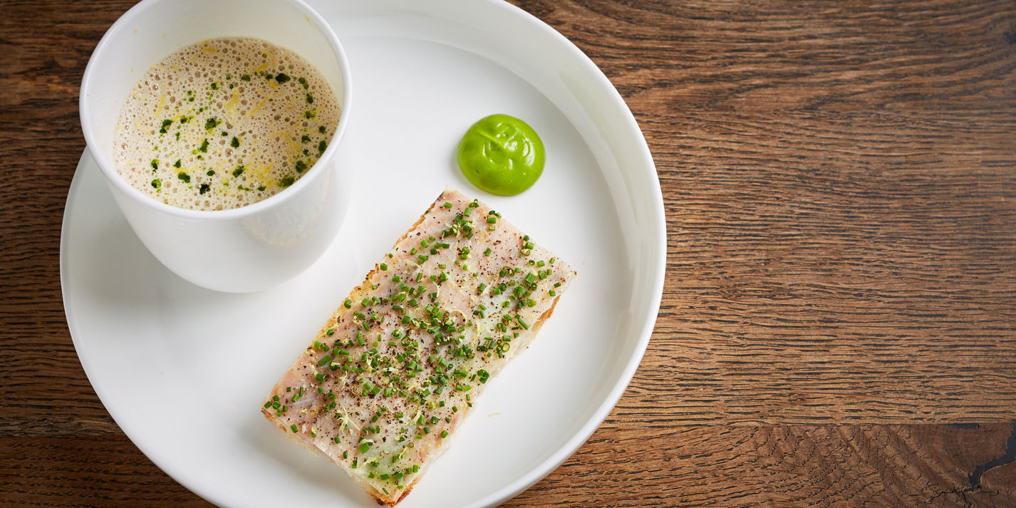 Smoked Mackerel Velouté with Smoked Eel Soldiers and Lovage Recipe - Great British Chefs